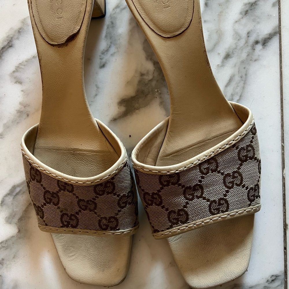 Gucci print 1” heel mules